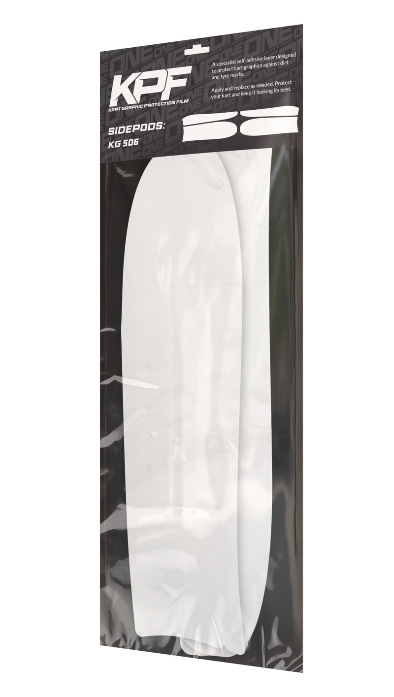 Kart graphic protection film for sidepods, model KG 506 by One Custom Design, showing clear film applied on kart sidepod surface.