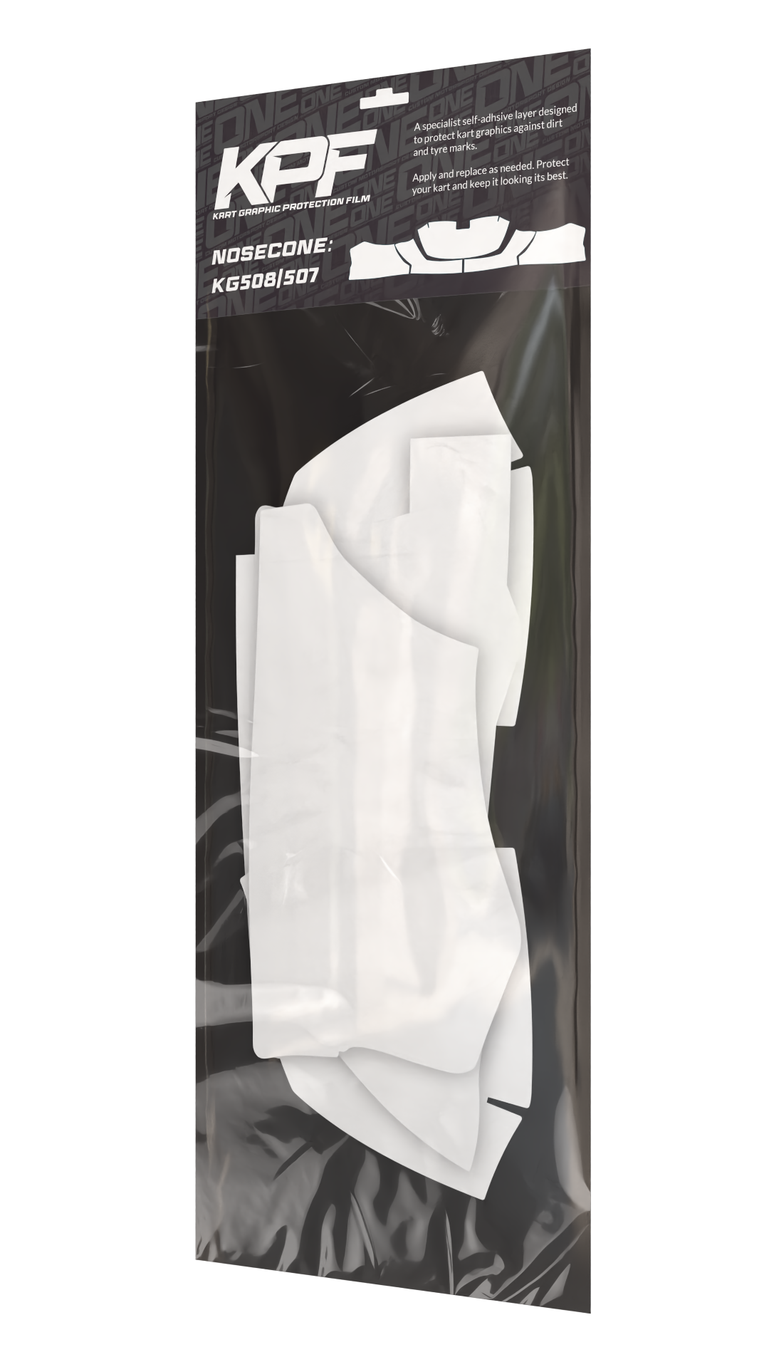 Kart graphic protection film for nosecone, model KG 507 by One Custom Design, showing clear protective film on kart component