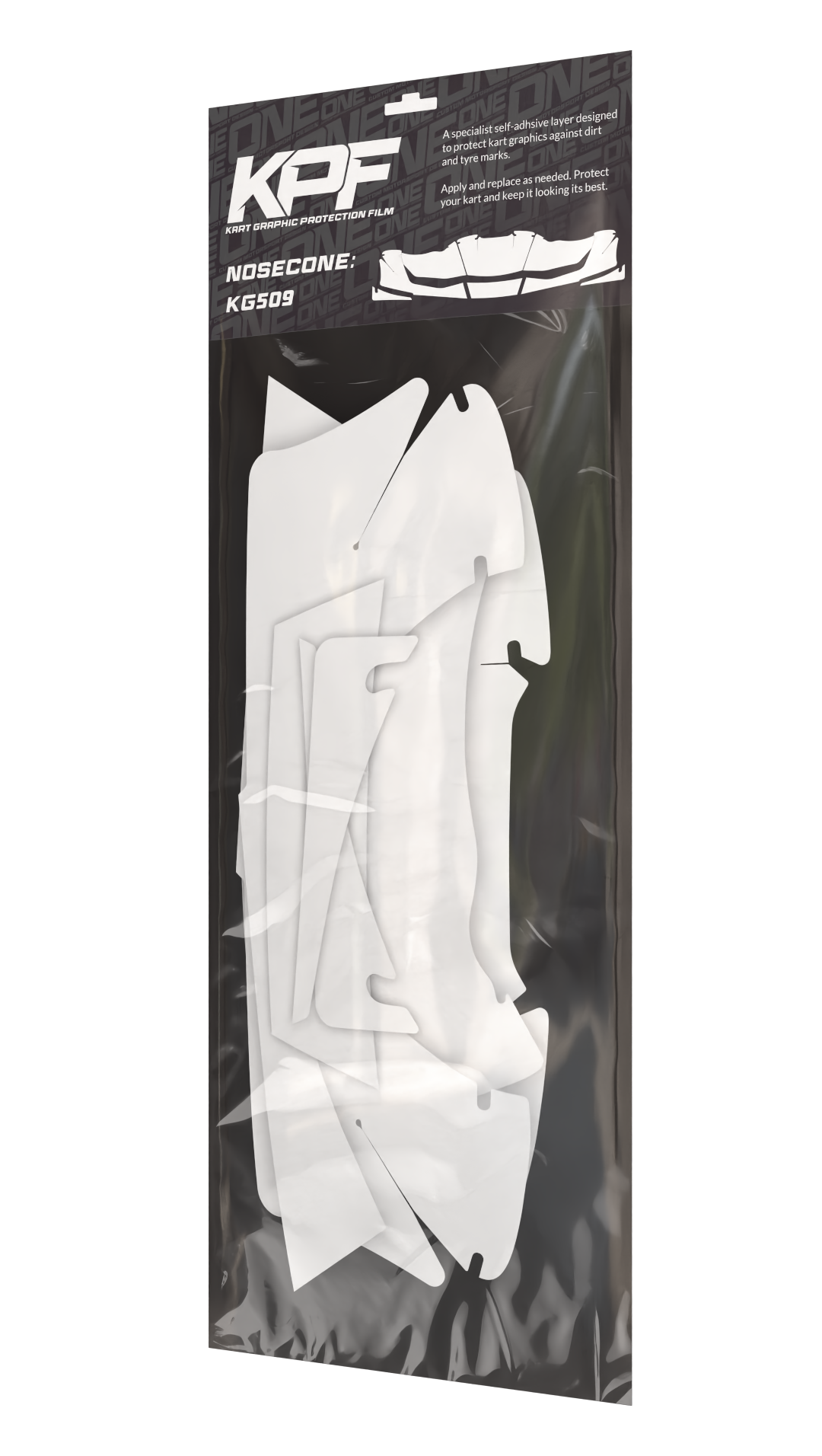 Kart graphic protection film for nosecone by One Custom Design, showing clear protective sheet on racing kart nosecone.