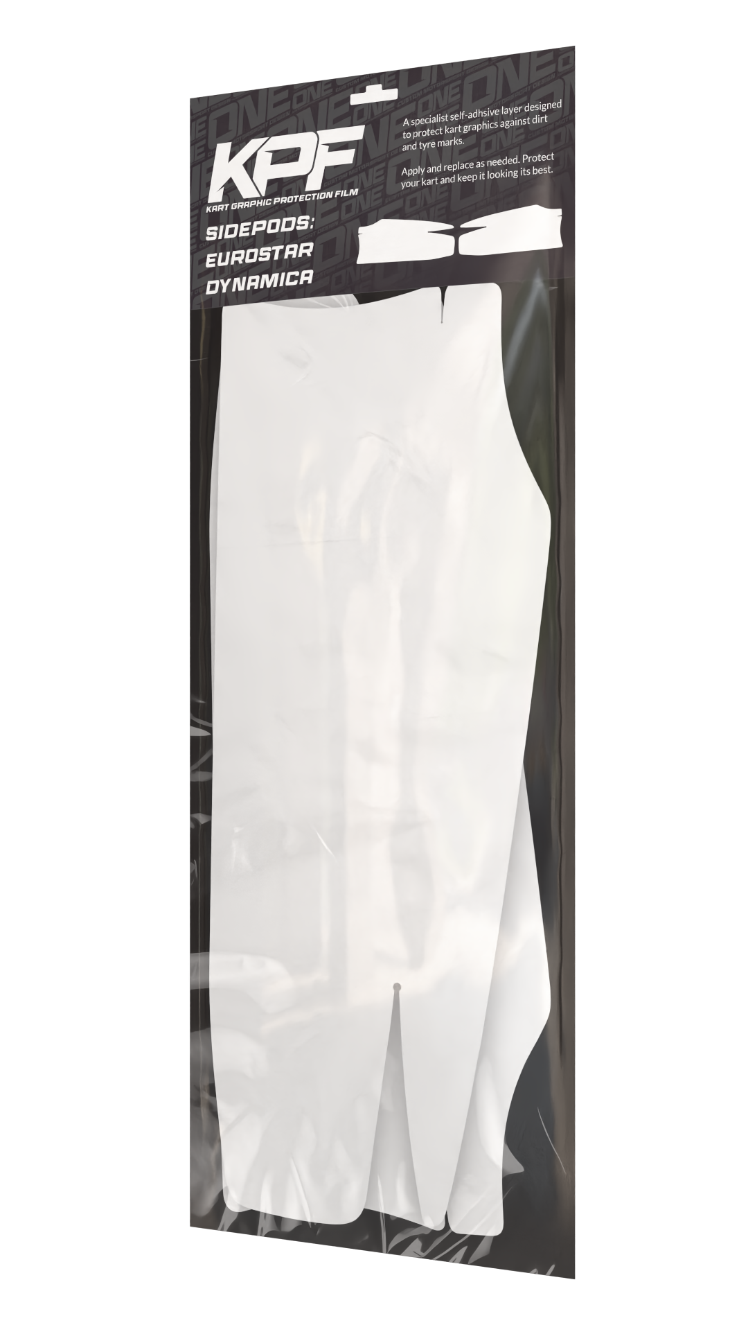 Kart graphic protection film for sidepods, EuroStar Dynamica model, by One Custom Design, showing clear protective film application.
