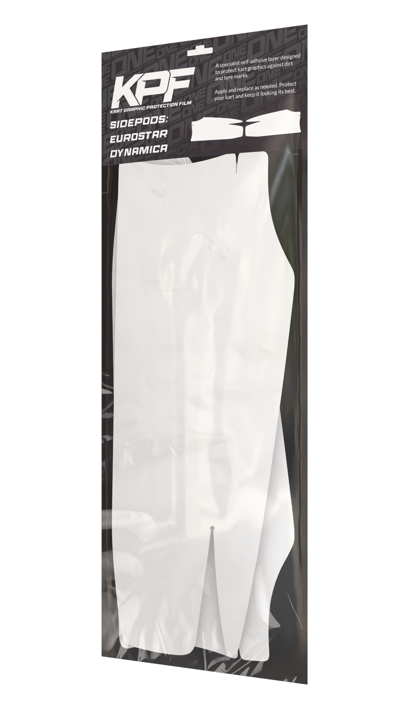 Kart graphic protection film for sidepods, EuroStar Dynamica model, by One Custom Design, showing clear protective film application.
