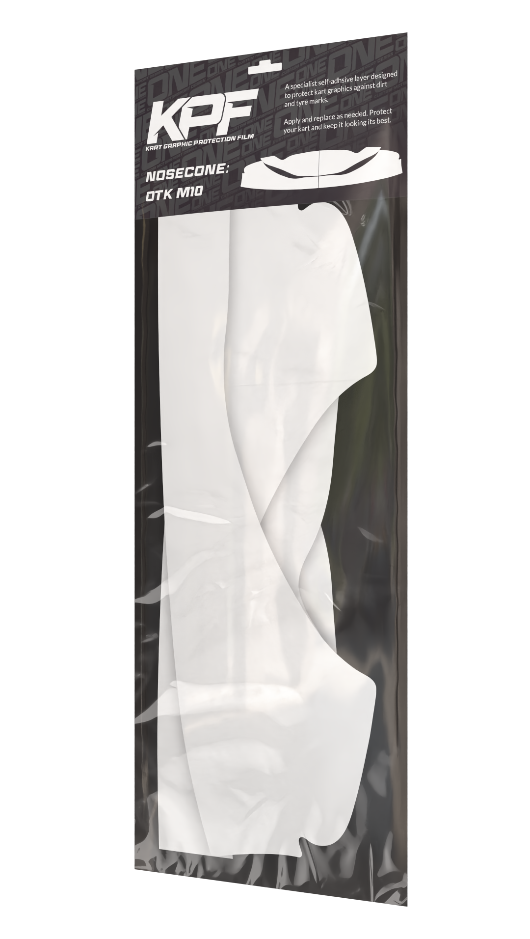Kart graphic protection film for nosecone, M10 size, by One Custom Design, showing clear film applied to a racing kart nosecone.