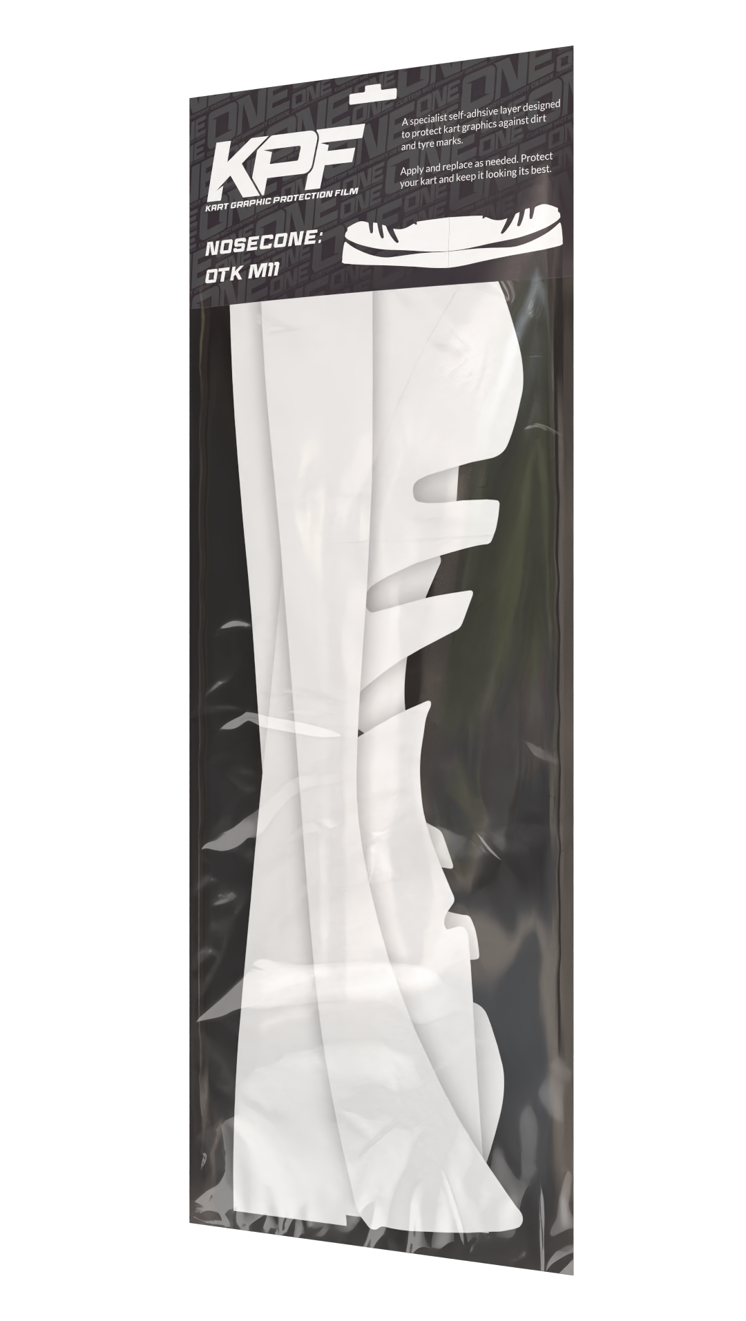 Kart graphic protection film for nosecone, designed for OTK M11, by One Custom Design. Clear, durable film for kart racing graphics.