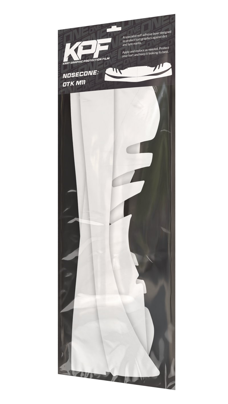 Kart graphic protection film for nosecone, designed for OTK M11, by One Custom Design. Clear, durable film for kart racing graphics.