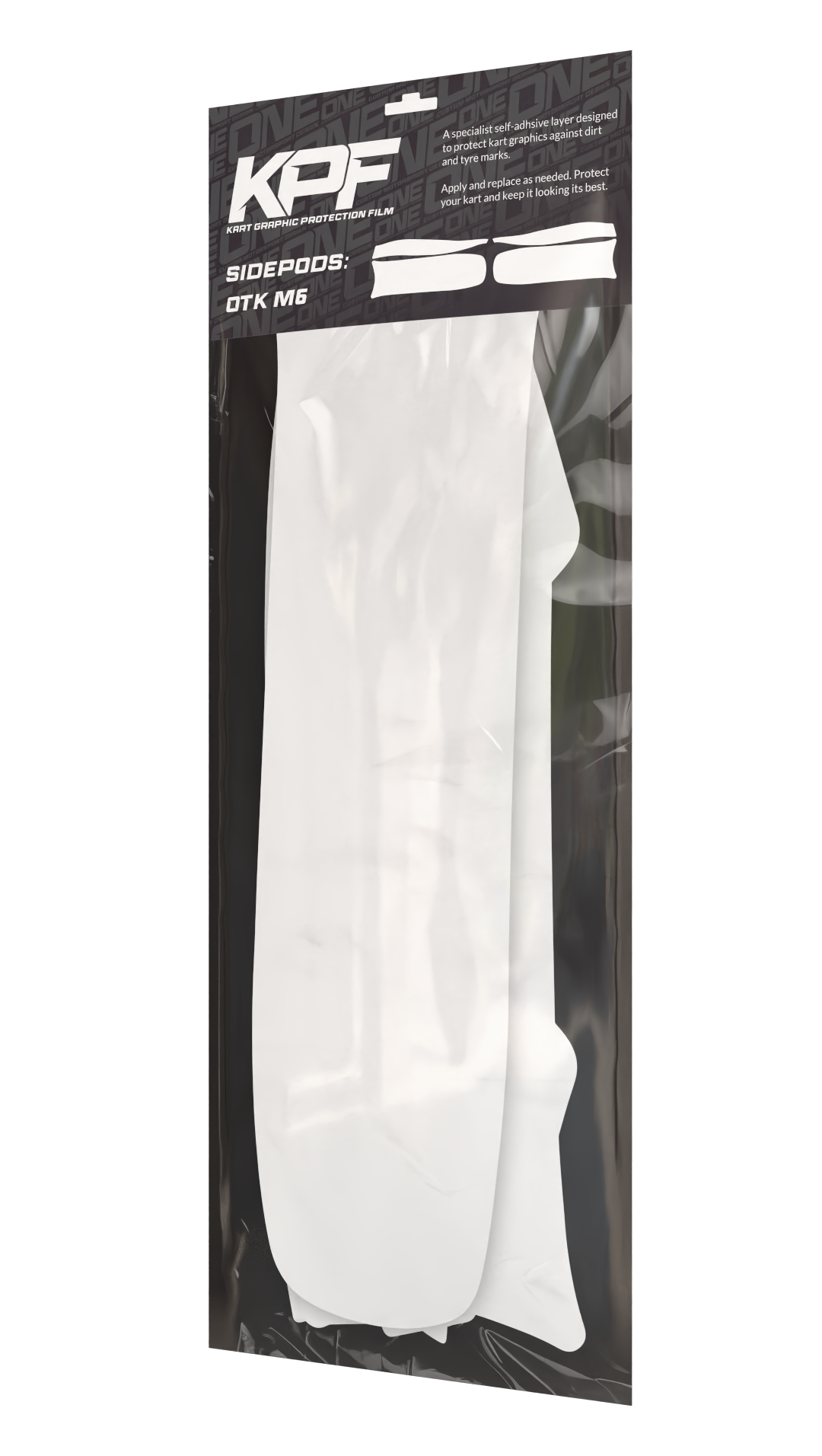 Kart graphic protection film for sidepods, OTK M6 model, by One Custom Design, displaying clear protective film on kart components.