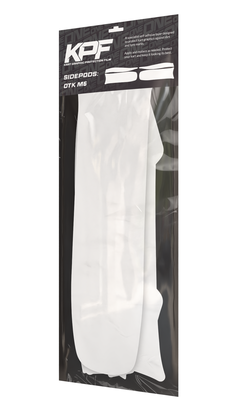 Kart graphic protection film for sidepods, OTK M6 model, by One Custom Design, displaying clear protective film on kart components.