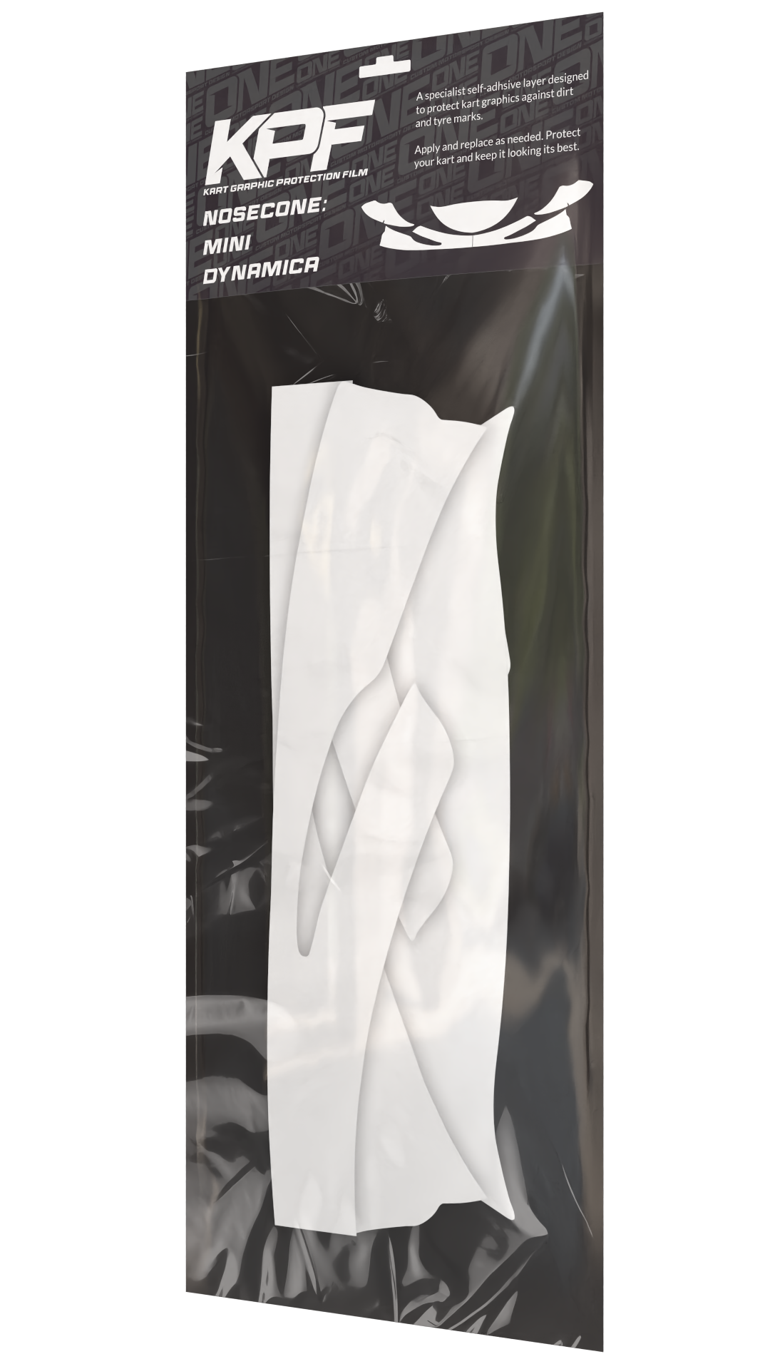 Kart graphic protection film for Mini Dynamica (Cadet) nosecone by One Custom Design, showing clear protective film on nosecone.