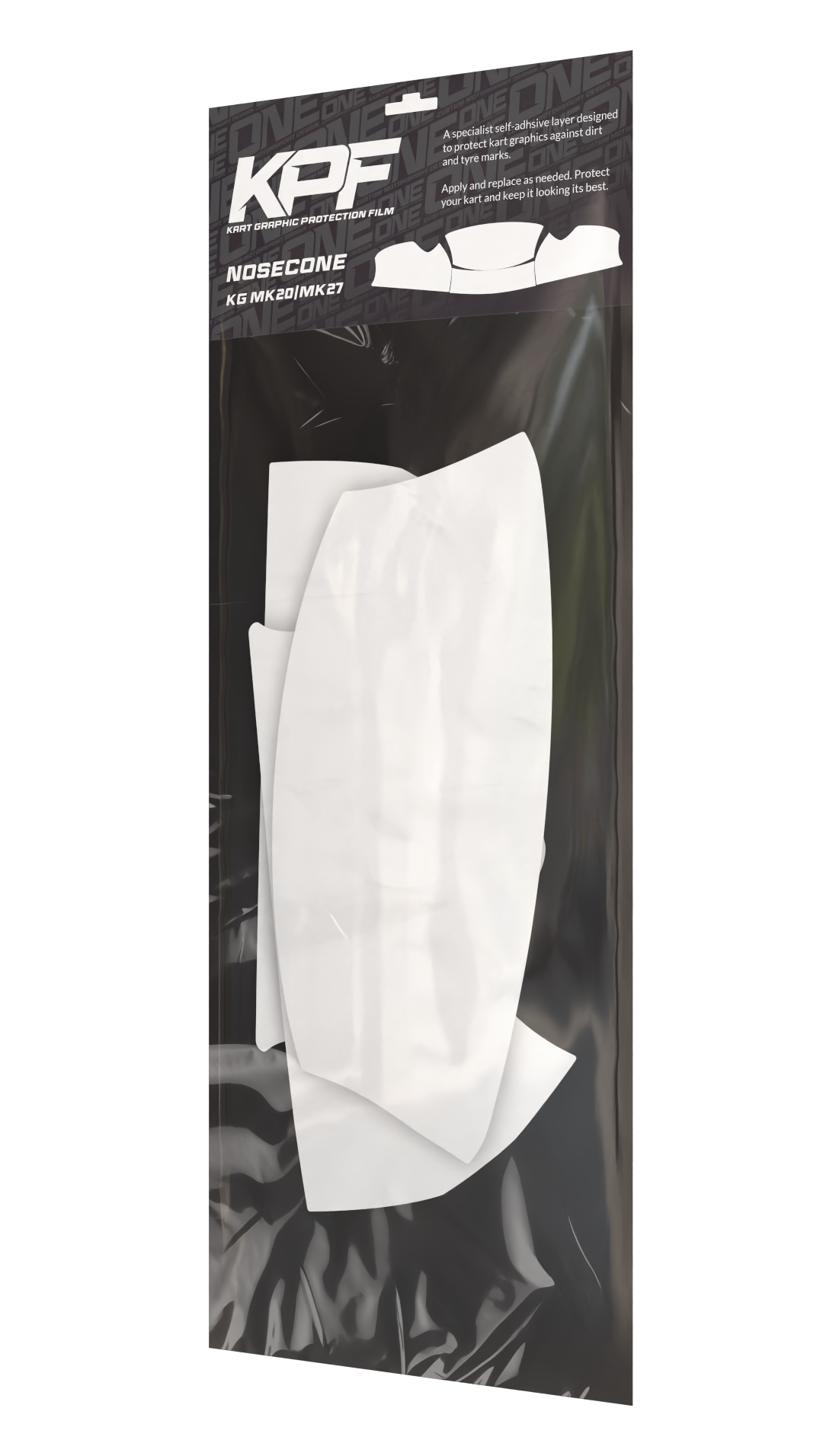 Kart graphic protection film for MK20/MK27 nosecone by One Custom Design, clear protective film covering the nosecone.