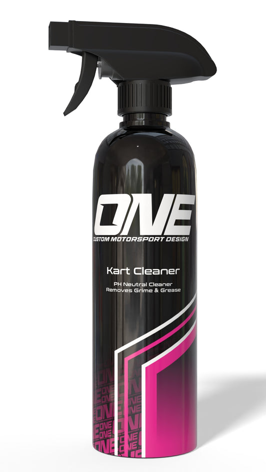 One Custom Design ONE Kart Cleaner PH neutral cleaner bottle with label and nozzle for kart cleaning.