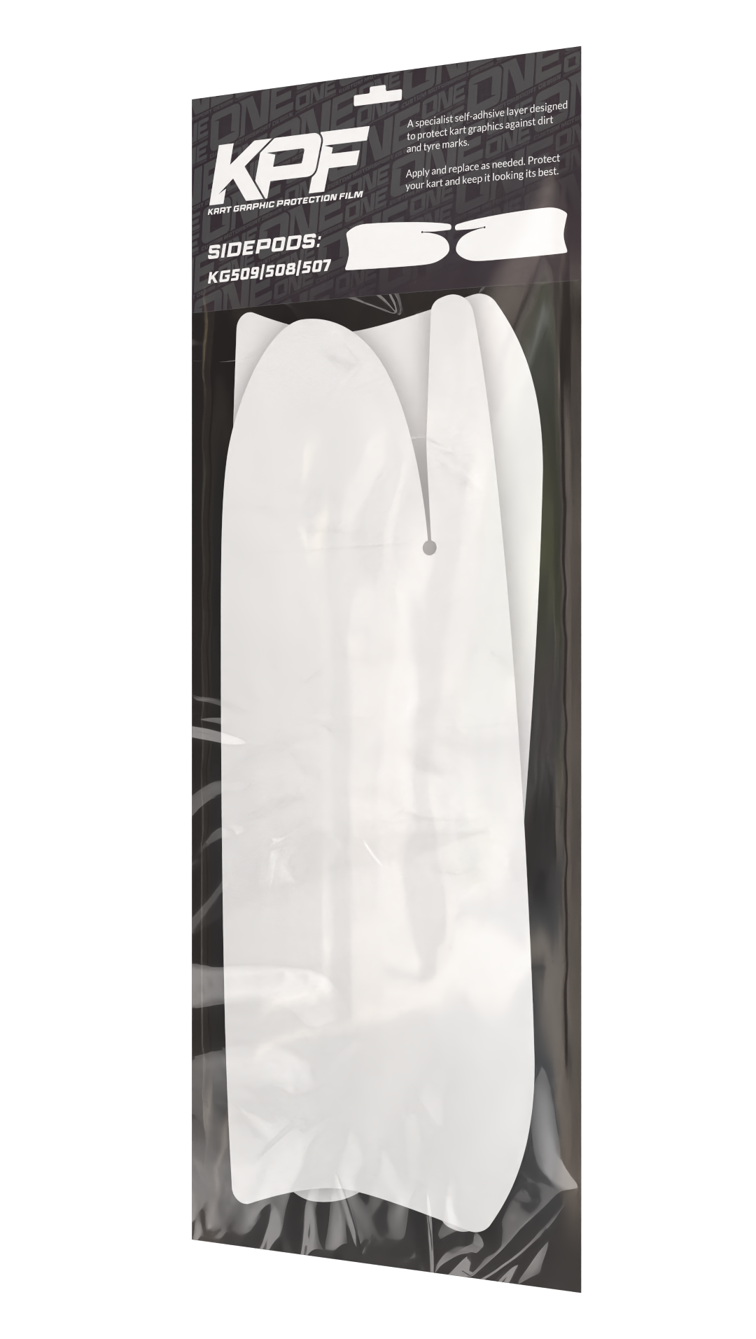 Render of One Custom Design KPF Kart Graphic Protection Film for Sidepods, KG 507, showing sleek, durable protective film application.