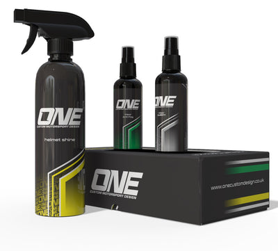 Swatch of the ONE Helmet Care Kit by One Custom Design, showing cleaning and maintenance products for motorcycle helmets.